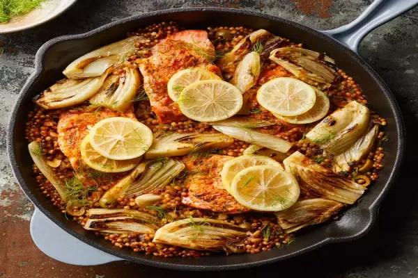 One Skillet Salmon with Fennel & Sun Dried Tomato Couscous