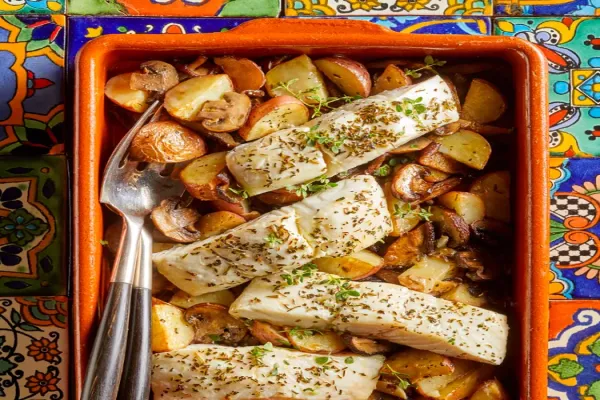 Provencal Baked Fish with Roasted Potatoes & Mushrooms