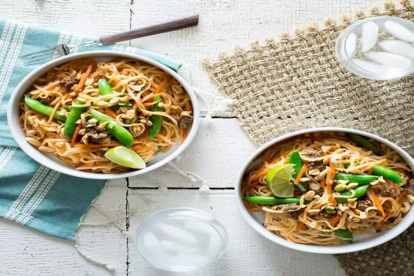 Ground Beef & Snap Pea Rice Noodle Stir Fry