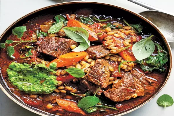 Slow Cooker Beef Barley Soup with Red Wine & Pesto