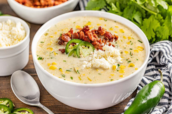 Creamy Corn Soup with Jalapeños & Cotija