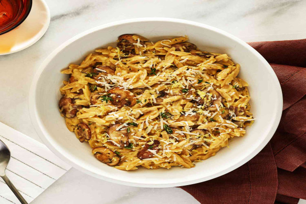 Creamy Mushroom & Orzo Soup with Lemon & Parmesan