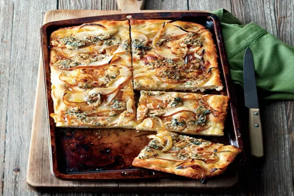 Focaccia with Caramelized Onions Pear and Blue Cheese