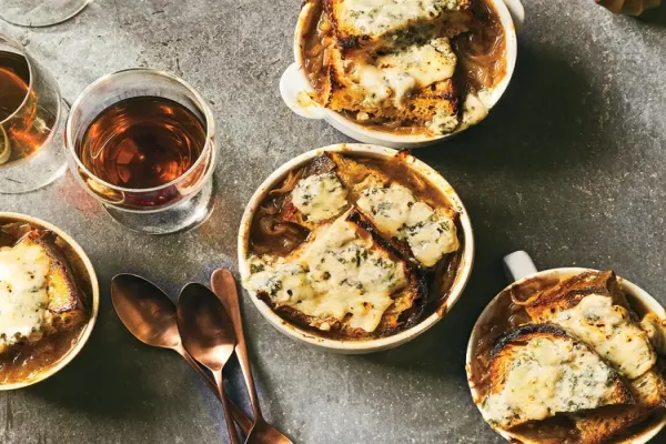 Caramelized Onion and Bread Soup with Bruleed Blue Cheese