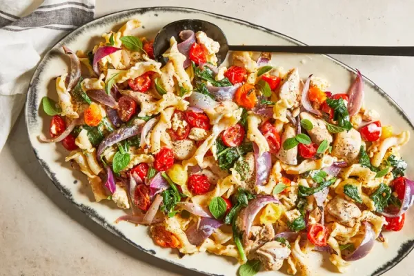 Sheet Pan Baked Chicken Feta Tomatoes and Kale with Pasta
