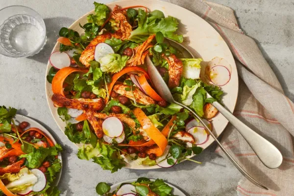 Smoky Paprika Chicken and Crispy Chickpeas Over Escarole Salad