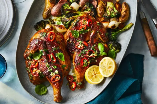 Roast Chicken with Chile Basil Vinaigrette Charred Broccoli and Potatoes